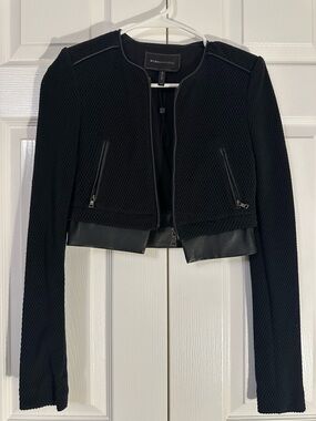 BCBGMaxAzria Black Cropped Textured Blazer with Faux-Leather Trim